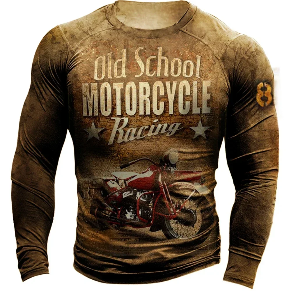 Vintage Motorcycle T-shirts For Men 3D Long Sleeve Route 66 Letter Print Biker T Shirt casual Oversize Tee Shirt Men Clothing