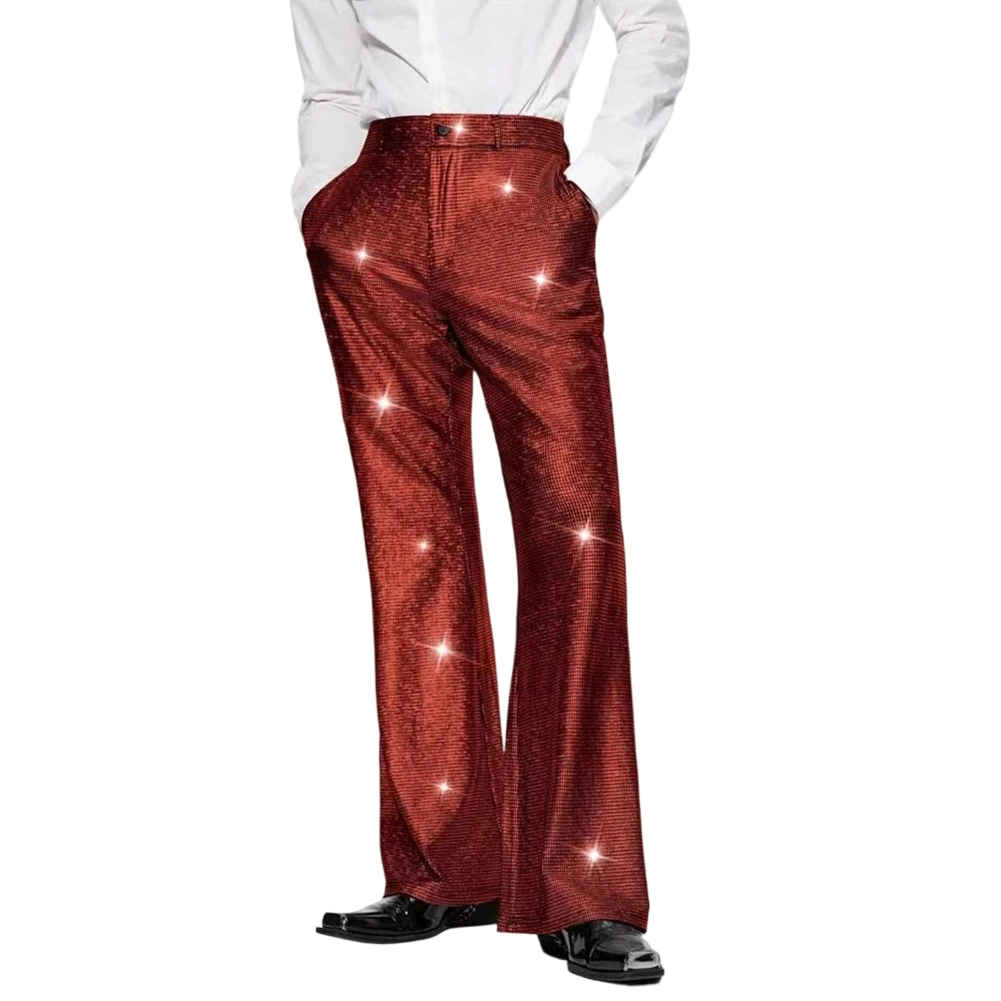 1pc Men Casual Shiny Sequin Pants Suit Pants Wide Leg Wedding Trousers With Pockets Mid-Rise Ice Silk Dress-Pants
