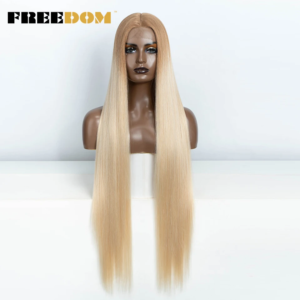 FREEDOM Gerade Synthetische Lace-Front-Perücke für Frauen 38 Zoll Lang Ombre Braun Rot Blond Highlight Lace-Frontal-Perücken Cosplay-Perücke – Detail 22