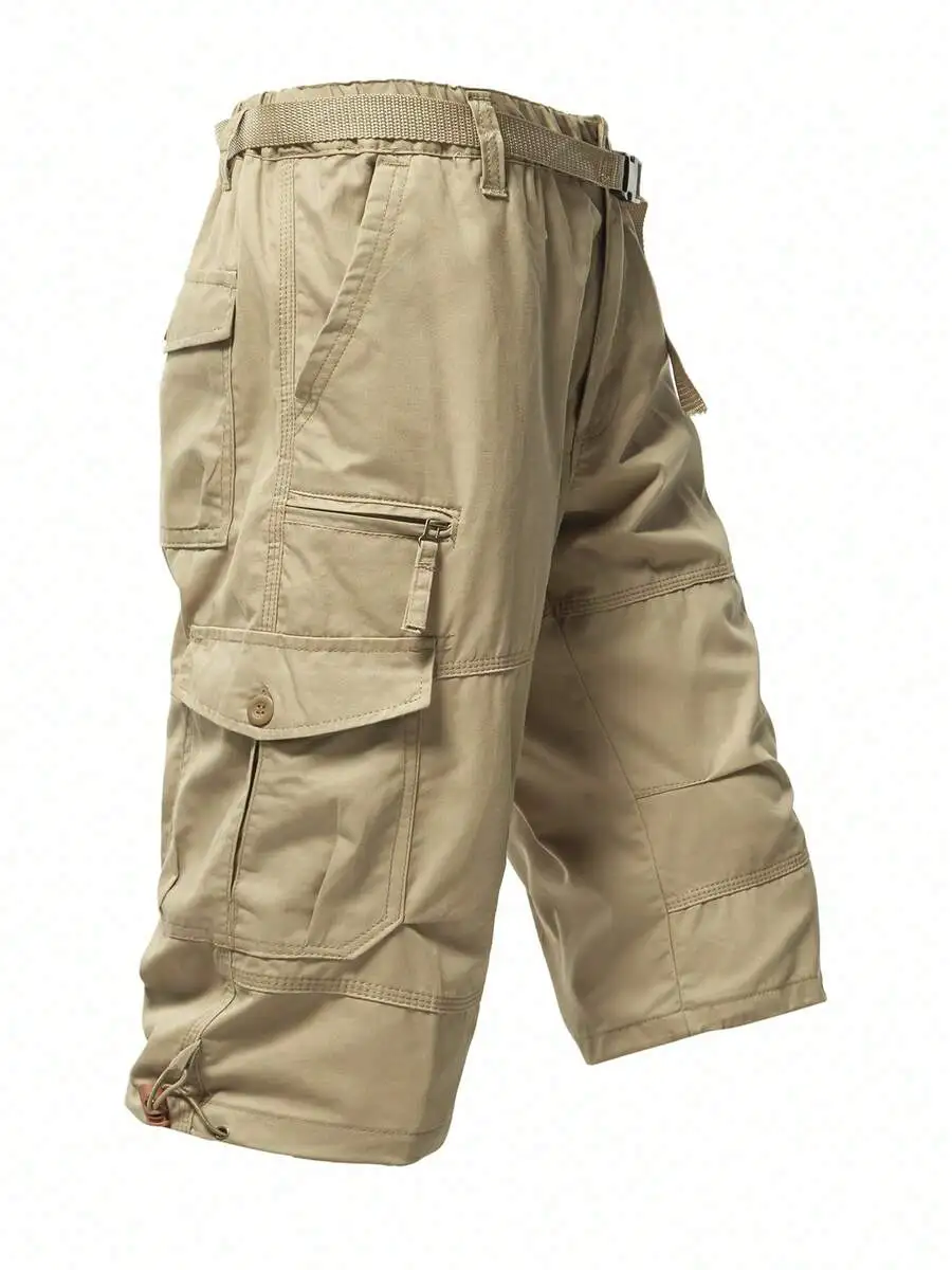 

Mens Adjustable Waist Drawstring Shorts Casual Outdoor Sports Cropped Pants Beige
