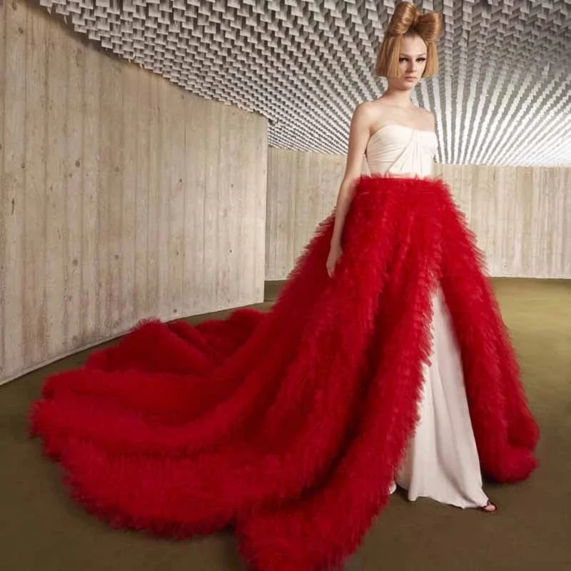 Fluffy Red Detachable Wedding Skirt Custom Made Tiered Ruffle Tulle Detachable Skirt for Women Luxury Long Train Prom Overskirts