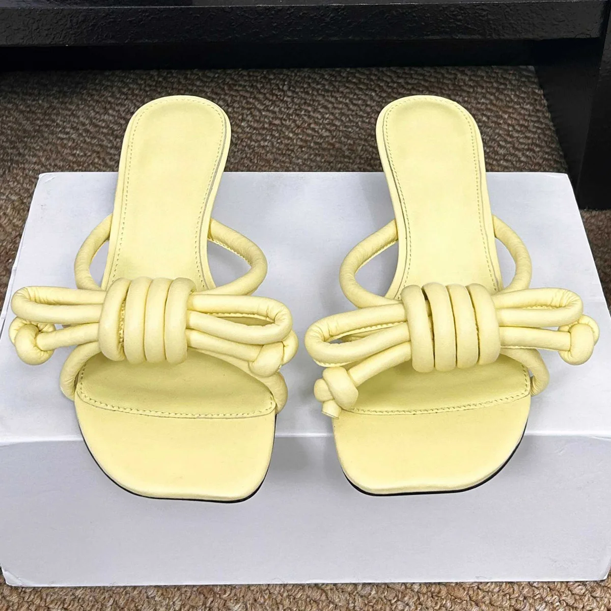

2026 Women's Leather Knotted Bow Square Toe Mule Slides, Elegant Stiletto Heel Sandals for Summer Dating YYT26022601