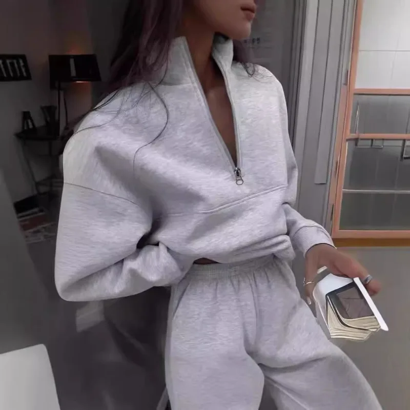 

Женская одежда в европейском и американском стиле Amazon, трансграничный осенне-зимний новый модный однотонный повседневный костюм из двух предметов на молнии с лацканами