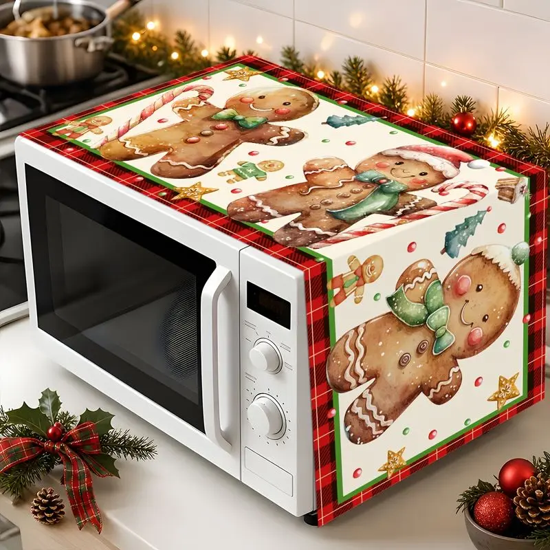 VIKAMA Xmas Microwave Oven Protective Cover Gingerbread Man Candy Cane Pattern Dust & Oil Proof Kitchen Home Christmas Decor