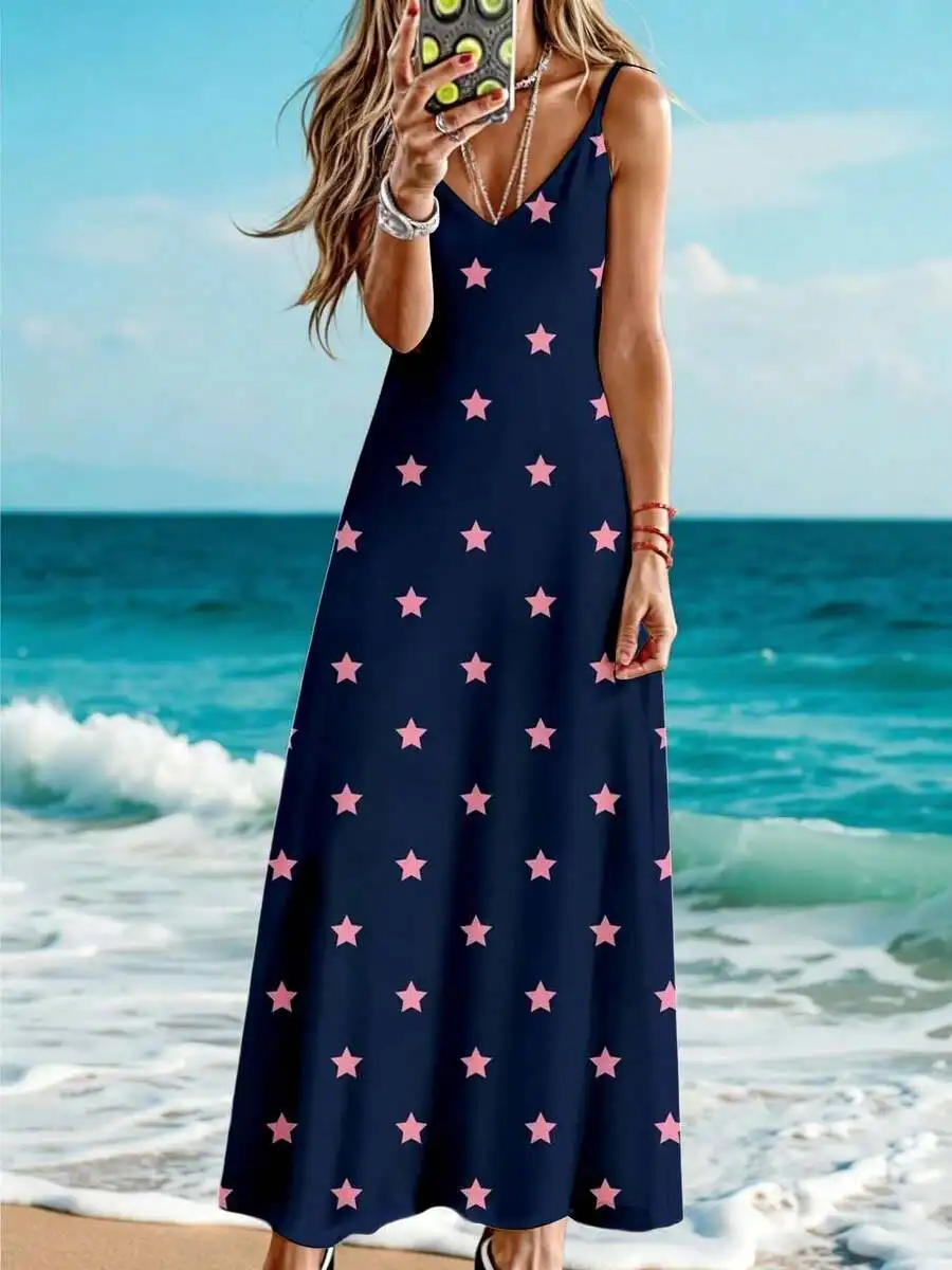 

Women Sleeveless Maxi Dress Blue Pink Stars Print Beach Summer Casual Long Dress