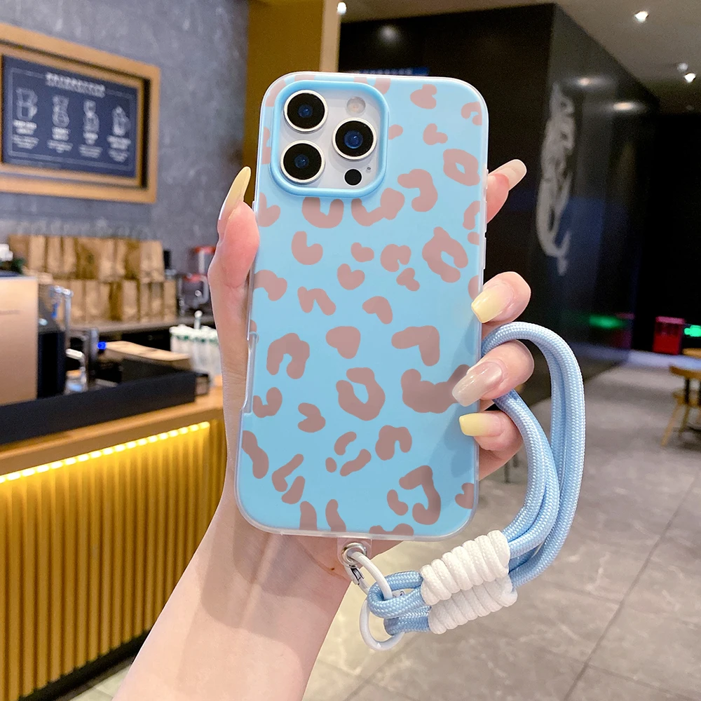 Чехол для телефона 2-в-1 с ремешком на запястье iPhone 17 11 13 12 14 15 16 Pro Max XS XR X 7 8 Plus Air леопардовым принтом и шнурком