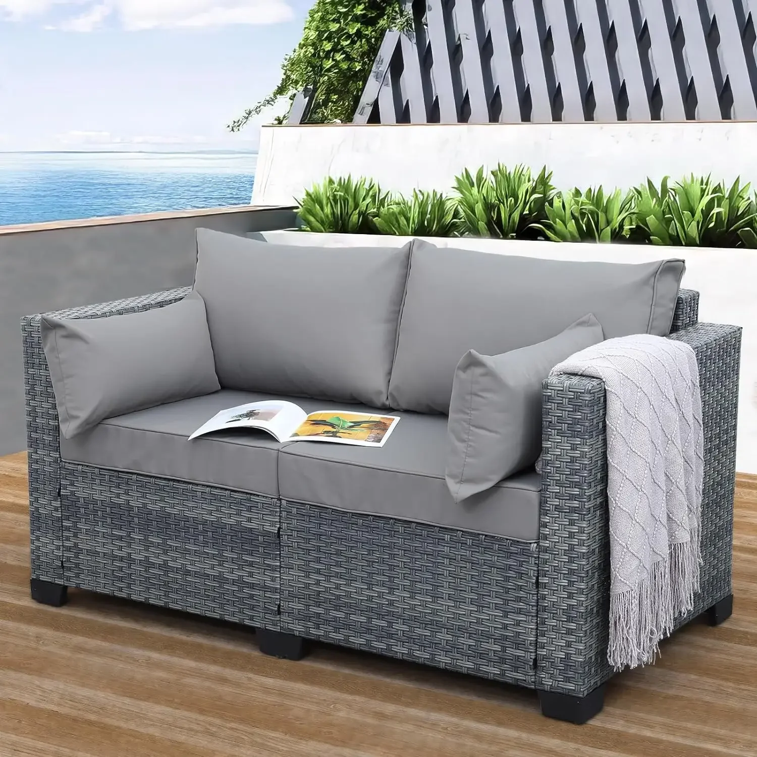 

Outdoor Patio Loveseat Sofa, 2-Seater Small Couch, All Weather Wicker Love Seat Furniture with Grey Cushions