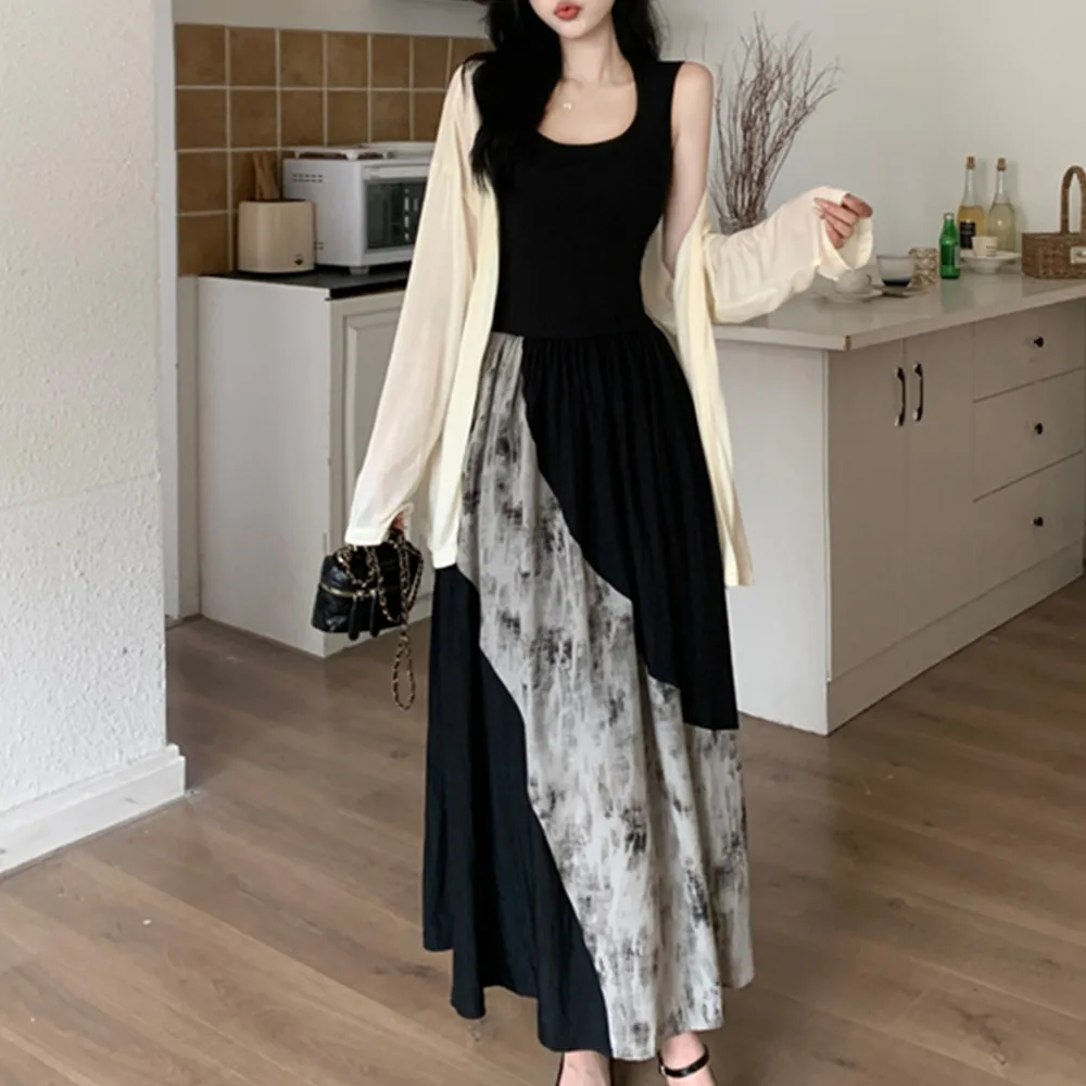 Zomer Dunne Zonwering Vest Dr Tweedelige Set Hoge Taille Print Splitsen Taille-Knijpen ket Lange Rok Koreaanse Sle C...