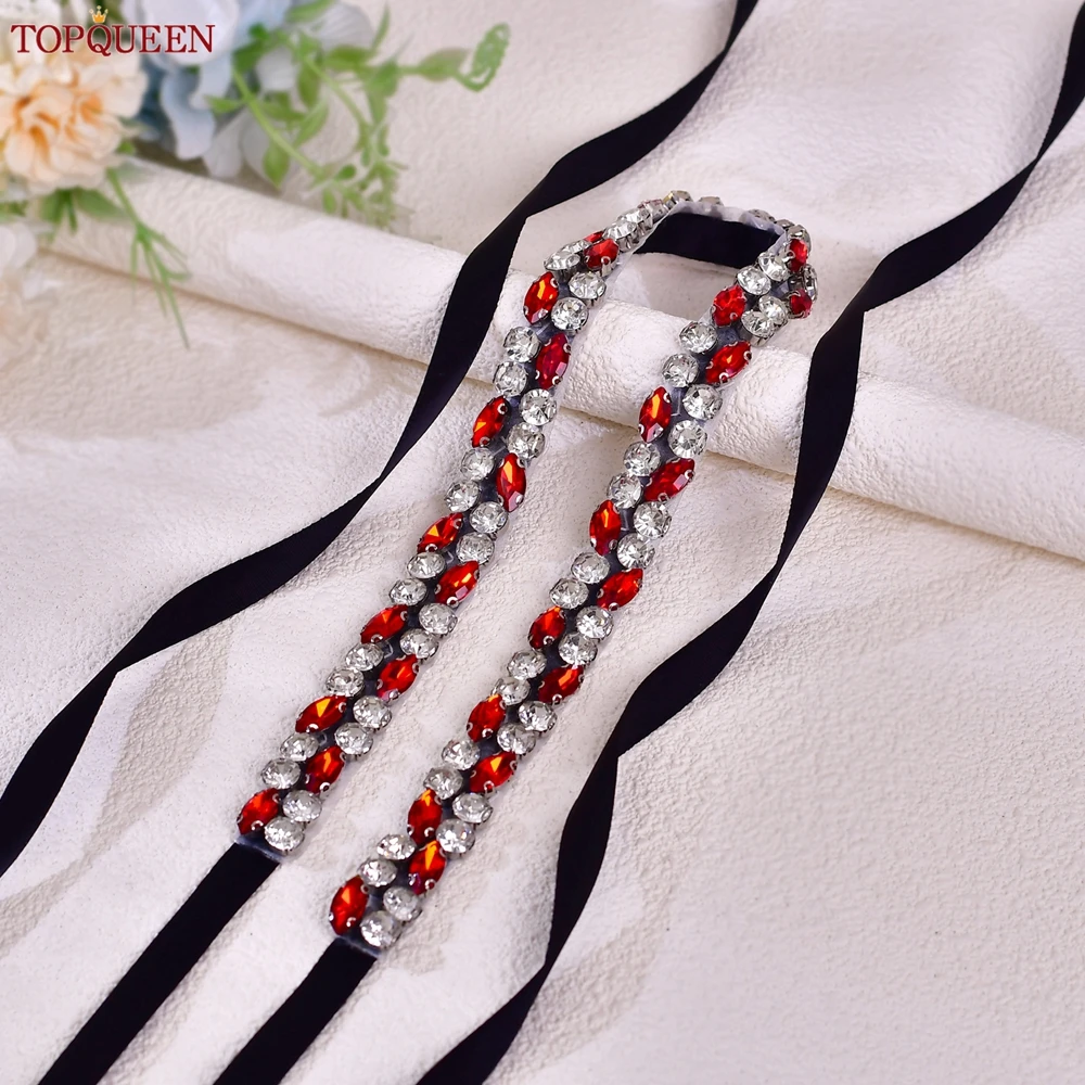 TOPQUEEN Crystal Bridal Belt Red Rhinestone Wedding Belt Evening Rhinestone Applique For Wedding Dress Bag Decoration S07-Red