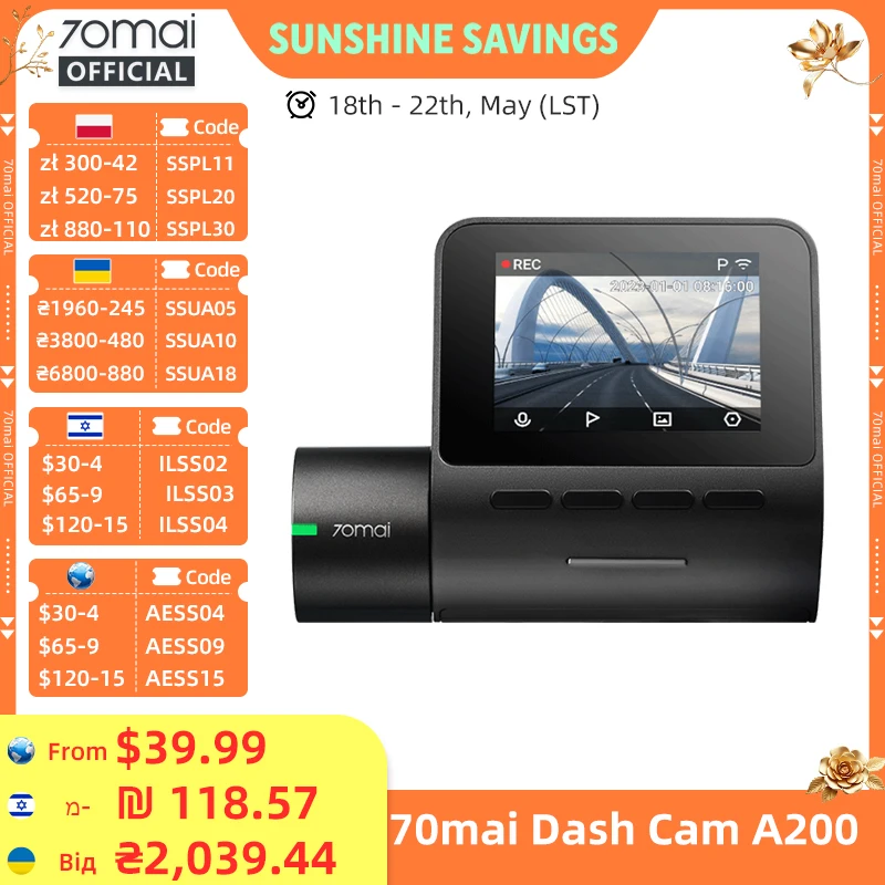 70mai Dash Cam A200 1080P 2'' IPS Screen Dual-channel Record 70mai