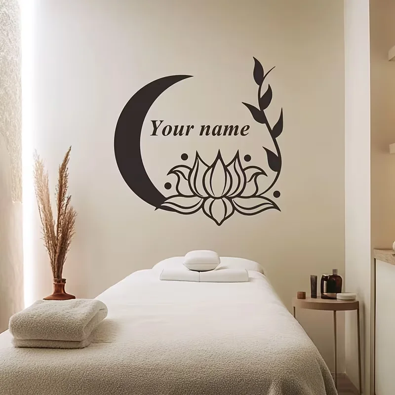 Custom Yoga Wall Sticker with Name Lotus Flower Moon Silhouette Vinyl Decal | Ideal for Home Yoga Space, Zen Room, Spa, Calm Spi
