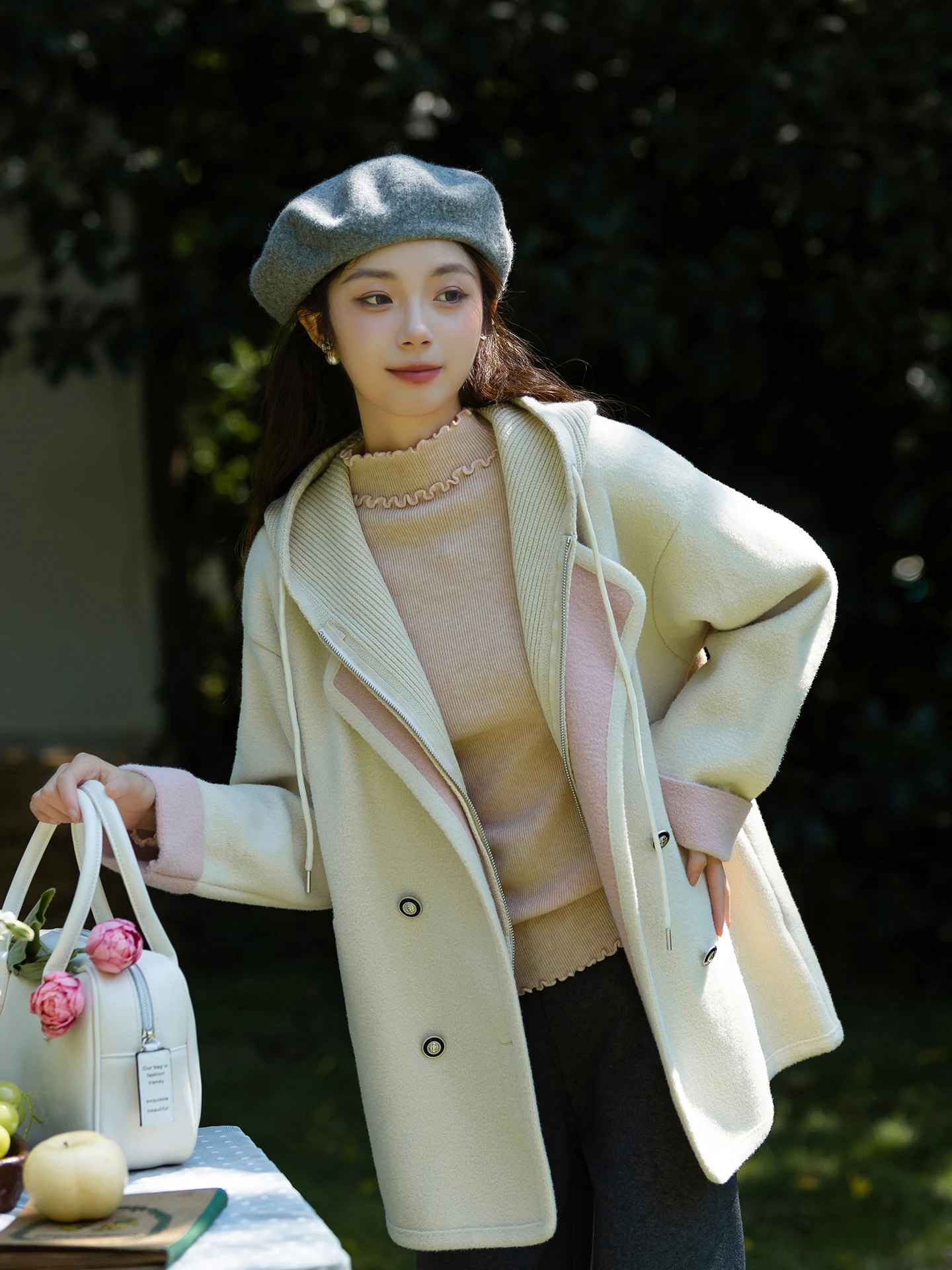 

Double-Faced Woolen Coat Spring 2026 Women's Hooded Medium-Length Thiened Nylon Polyester Blend Commute Sle Outerwear