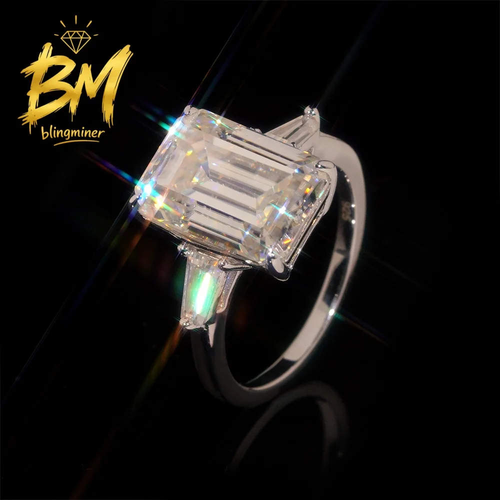 Blingminer Luxury 5CT Emerald Cut S925 Silver VVS Moissanite Rings Engagement Wedding Women Finger Jewelry Pass Diamonds GRA