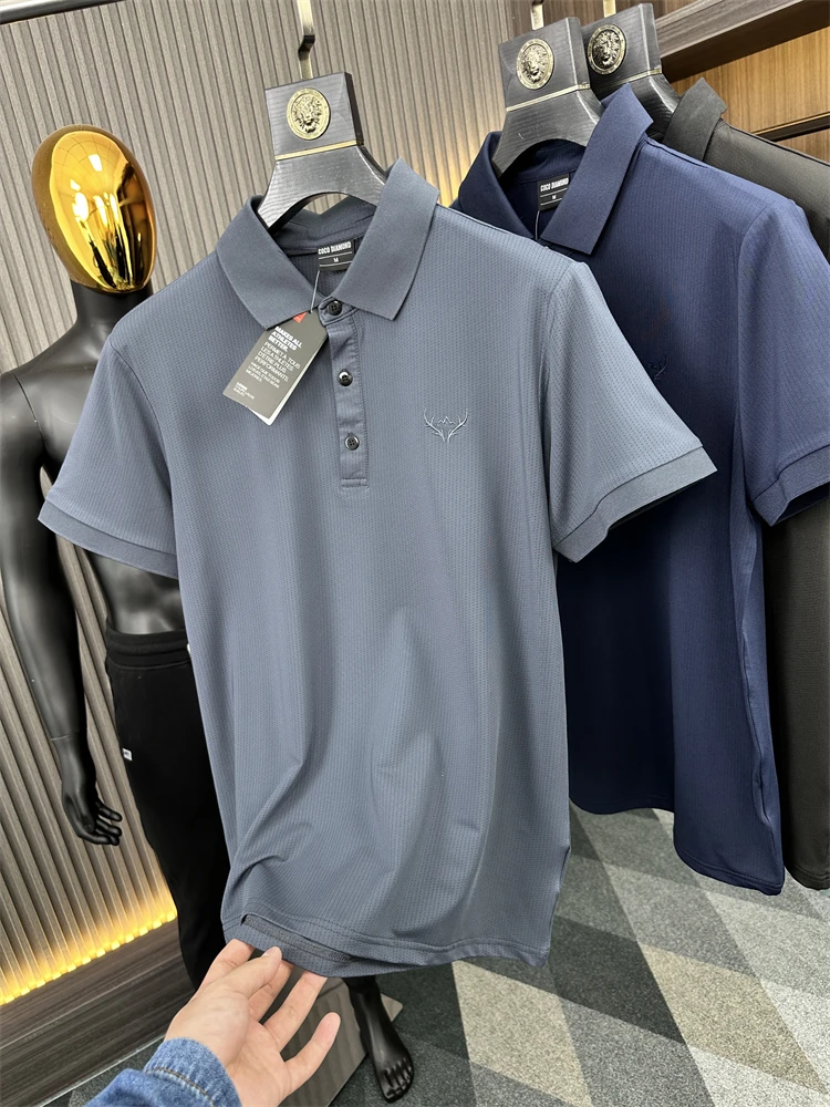 Quick Dry Mesh Business Casual Short Sleeve T-Shirt for Men Embroidered Deer Head Necktie  Color  Shirt Summer Wear