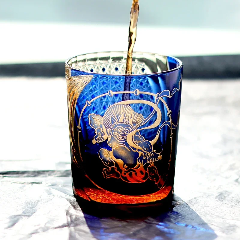 Amber Green Hand Cut Whiskey Glass, Edo Kiriko Style 8.5 oz blue amber layered glass for old fashioned, bourbon scotch home bar