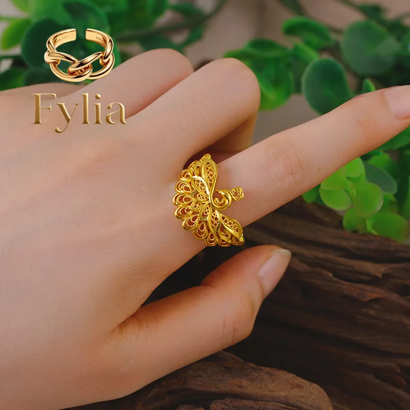 Fylia Jewelry   Luxury 24K 9999 Pure Gold real gold Women's Vintage Phoenix Pendant Necklace Earrings Hollow Ring
