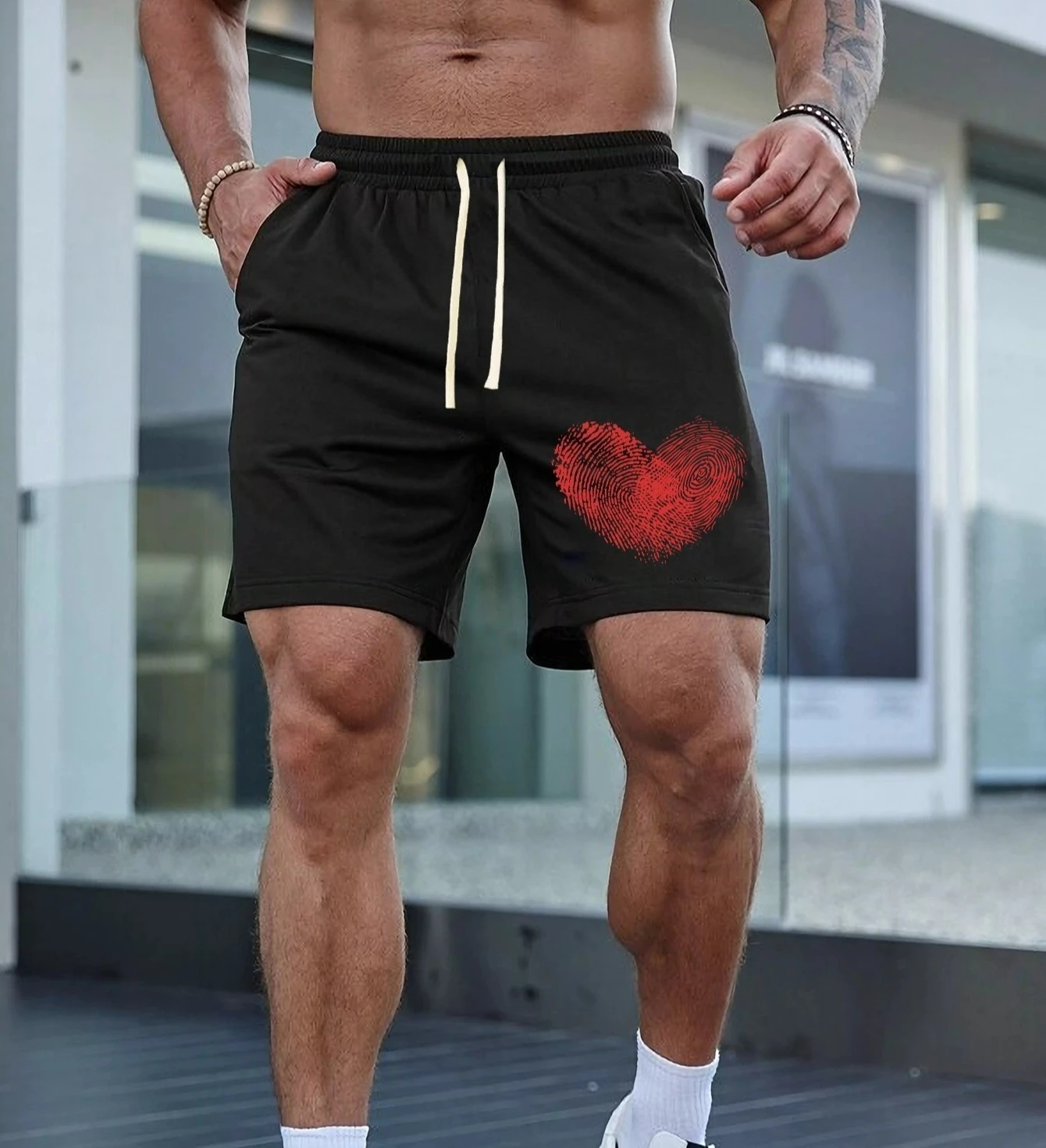 

Men's Summer Fashion Heart Print Casual Shorts Loose Fit Elastic Waistband with Drawstring Suitable for Everyday Wear