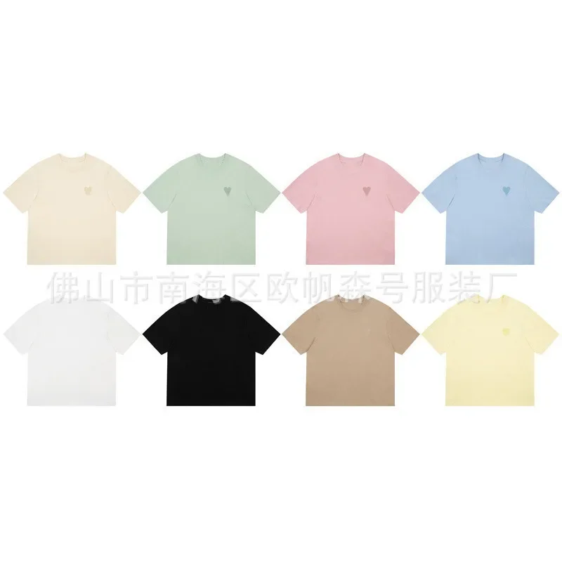

2025 Summer Trendy Brand New AM1 Small Logo Embroidered Heart Macaron Color Unisex Couple Short Sleeve T-Shirt Cotton Crew Neck