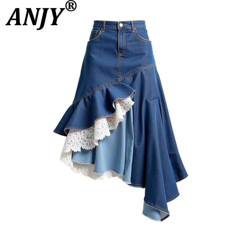 

ANJY Summer New Women's Elegant High Street Stylish Lace Patchwork Irregular Denim Ruffles Contrast Color Asymmetric Skirt A7953