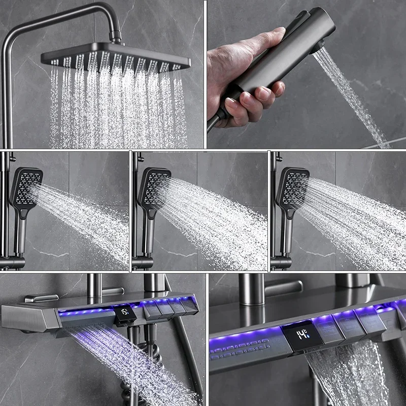 High-end Brass Gun Gray Shower Screen Wall Mounted Smart LED Multifunctional Thermostatic Rainfall Bathroom Shower Sets