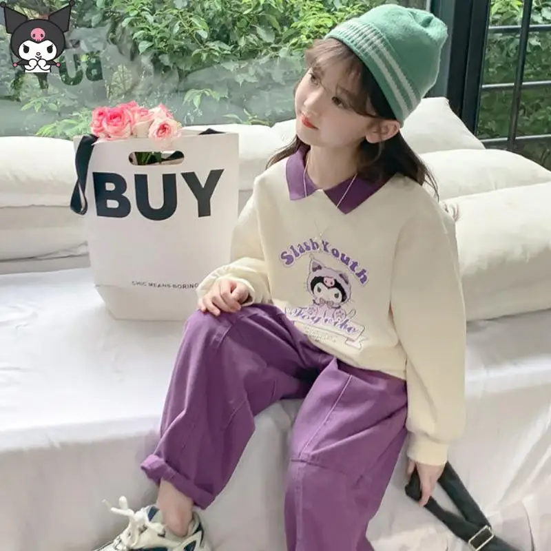 

Sanrio Kuromi Girls Lapel Sweatshirt Suit Cartoon Anime Kawaii Spring Autumn New Long-Sleeved Trousers Fashionable Skin Friendly