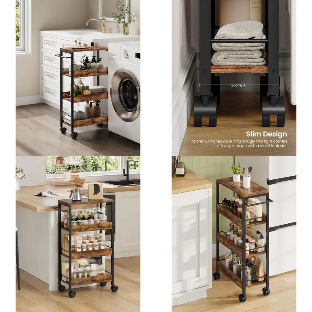 

4-Tier Compact Kitchen Trolley with Handle, Guard Rails, and Rustic Brown & Black Finish for Small Spaces and Dining Rooms