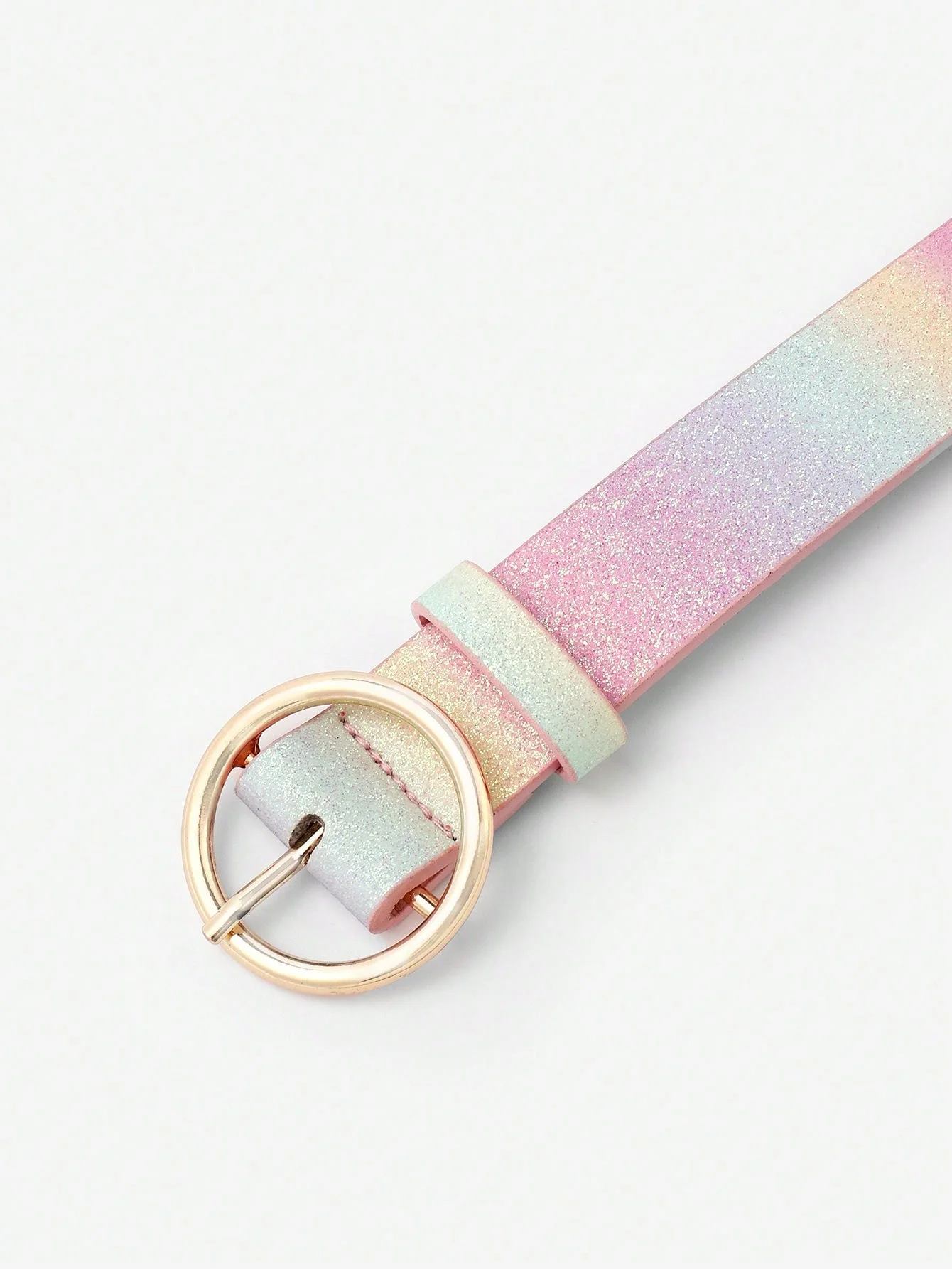 Women\'s Hot Sale Fashion Sweet Glitter Rainbow Glitter PU Leather Love Buckle and Round Buckle Belt