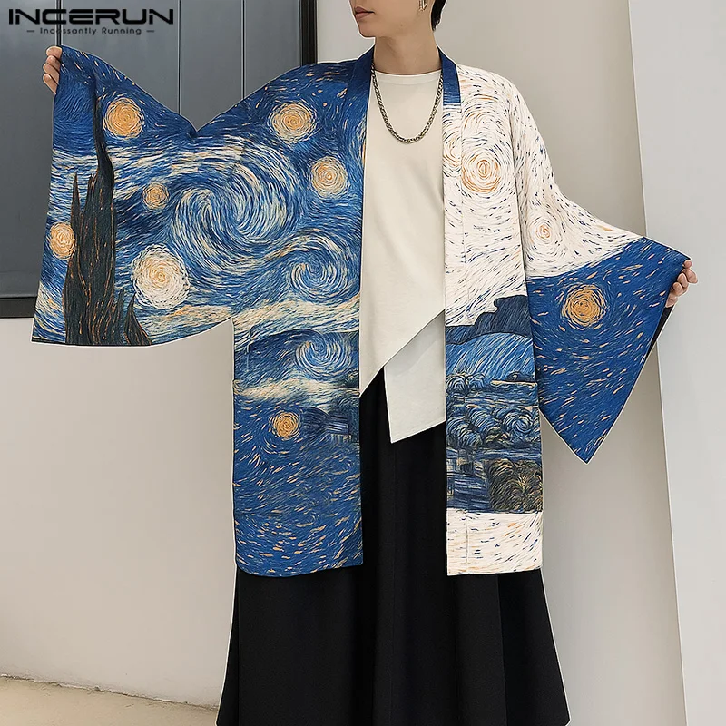 

INCERUN Men Shirt Printing Open Stitch Long Sleeve Loose Casual Male Cardigan Streetwear Korean Style Fashion Men Clothing S-5XL