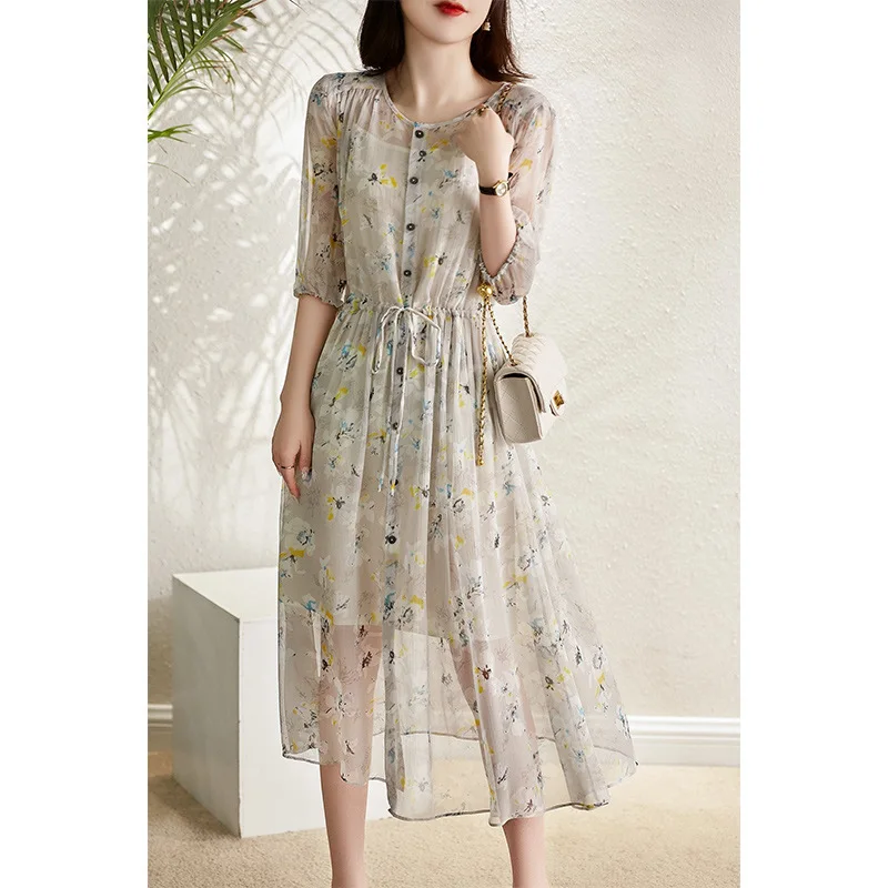 Fragmented Floral Long Dress French Short Sleeved Dress  Summer New Mid Length Two Layers Dress