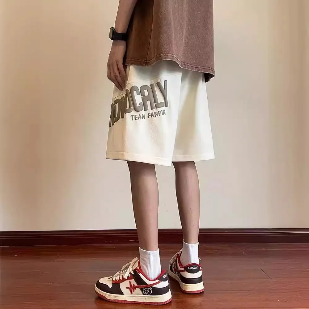 High Street Khaki Men Summer Letter Printing Casual Thin Style Street Leisure Loose Elastic Waist Drawstring All-match Shorts