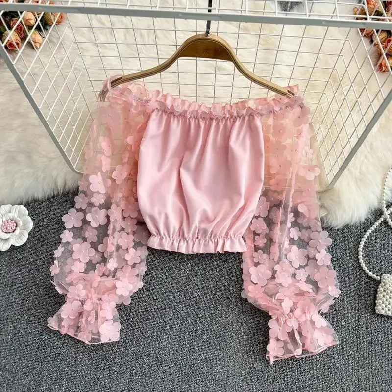 Off-shoulder Chiffon Shirt Sweet See-through Mesh Stitching Loose Waist Cropped Women Tops Korean Fashion Wholesale