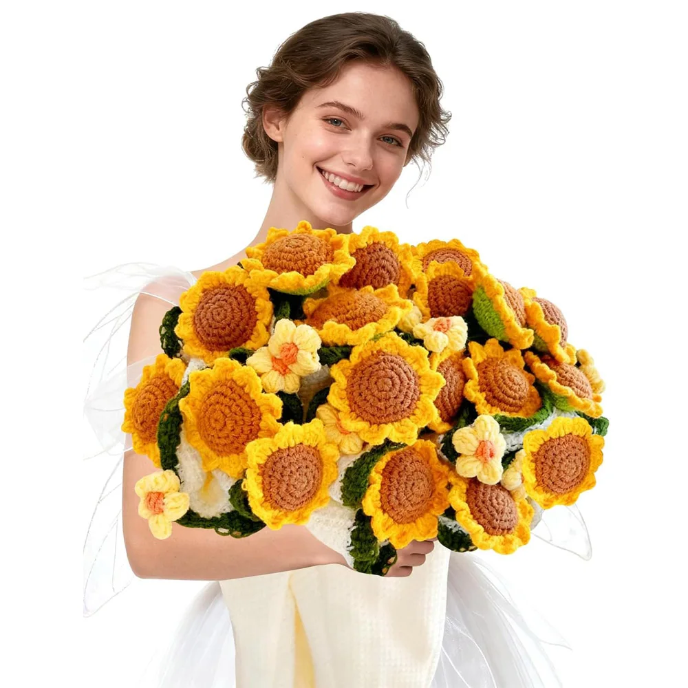 Crochet Sunflower Bouquet Blanket, Handmade Flower Blankets, Round Floral Knitted Gifts for Mother's Day, Grandma Birthday
