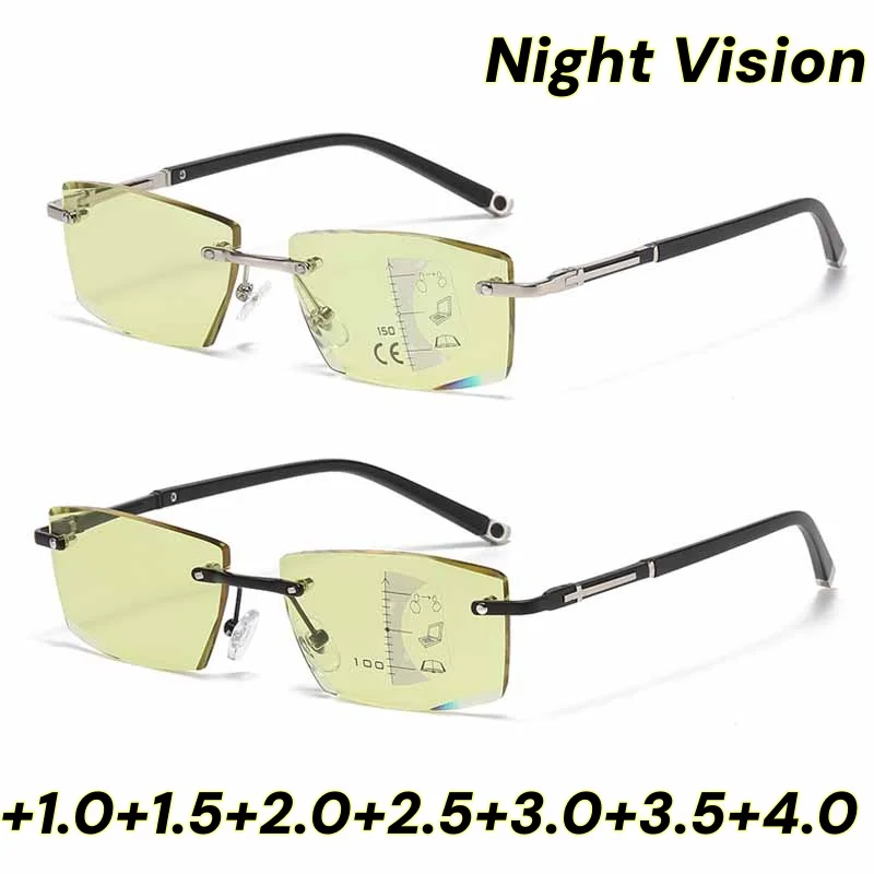 

Men Business Night Vision Multifocal Reading Glasses Ultralight Women Frameless Cut Far Sight Eyewear HD Progressive Eyeglasses