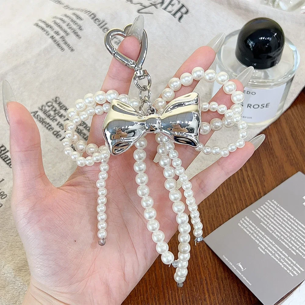 2024 Sweet Korean Pearl Bow Heart Keychain Women Blue Pink Key Ring Charm Ornament Bags Phone Pendants Handmade Jewelry Gifts