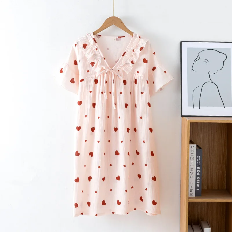 

100% Cotton Crepe V-neck Short Sleeve Midi Dress A-Line Heart Print Thin Cotton Summer Boho Dresses Casual Homewear Women Robes