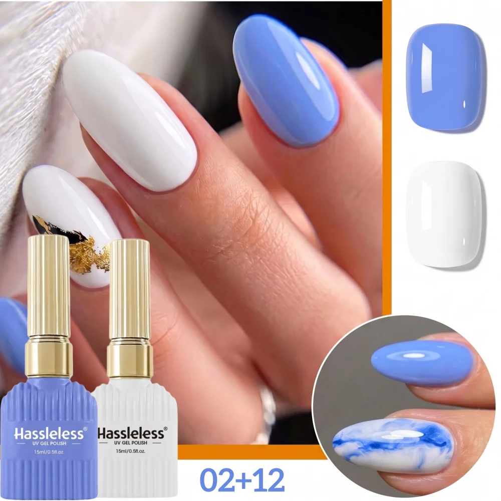 Hassleless Two-Pack Haze Blue and Milky White Dual-Color Nail Polish Gel Set, Fresh Macaron Solid Color Nail Polish Gel, Glossy Nail Art Shades, Suitable for Marble Nail Art, Summer DIY Nail Art Set