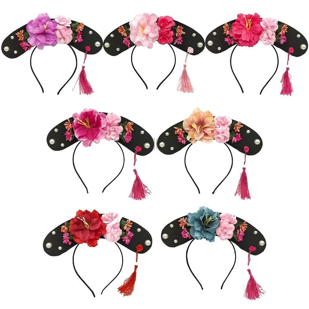 Pérola frisada hanfu flor bandana tribunal real cocar borla estilo chinês argola de cabelo acessórios para o cabelo estilo étnico