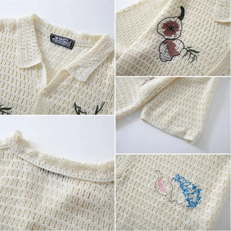 التطريز الكروشيه قمصان للرجال قصيرة الأكمام فضفاضة تناسب محبوك الصيف جودة الاكريليك شبكة الجوف خارج العصرية قمصان دي Hombre