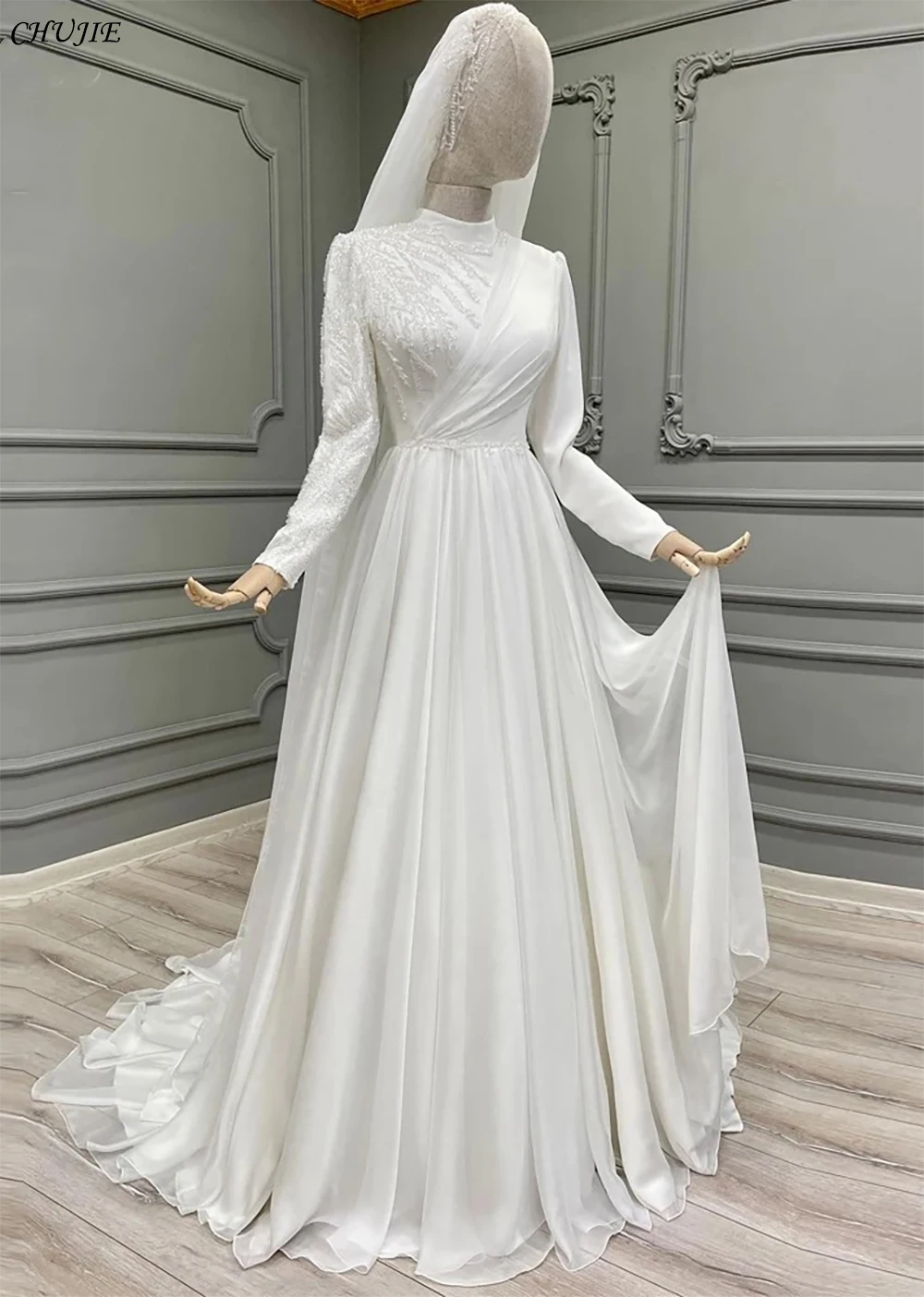 Elegant Muslim Wedding Dress 2024 Bridal Gown Beading Long Sleeves High Neck A Line Bride Robe Dresses De Mariée فساتين زفاف