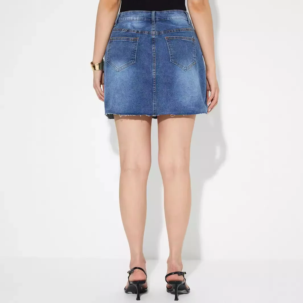 Denim Pencil Skirt for Women Sexy High Waist Short Skirts Bodycon Distressed Washed Single Breasted Pockets Female Streetwear