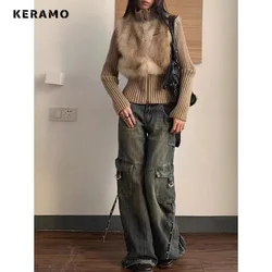 Women's Retro Wide Leg Baggy Casual Denim Trouser Harajuku Vintage Solid Color High Waist Loose Jeans 2024 Spring Belted Pants