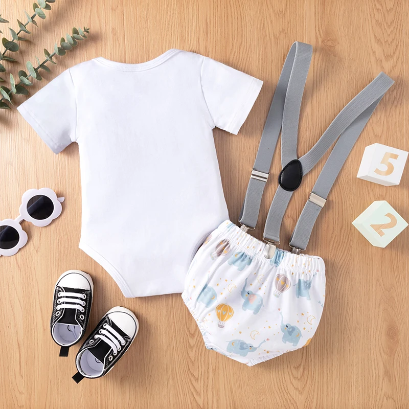 9M-18M Baby Clothes New Elephant Print Bow Tie Top with Climbing Suit Suspenders Three-piece Suit Suitable for Summer Wear