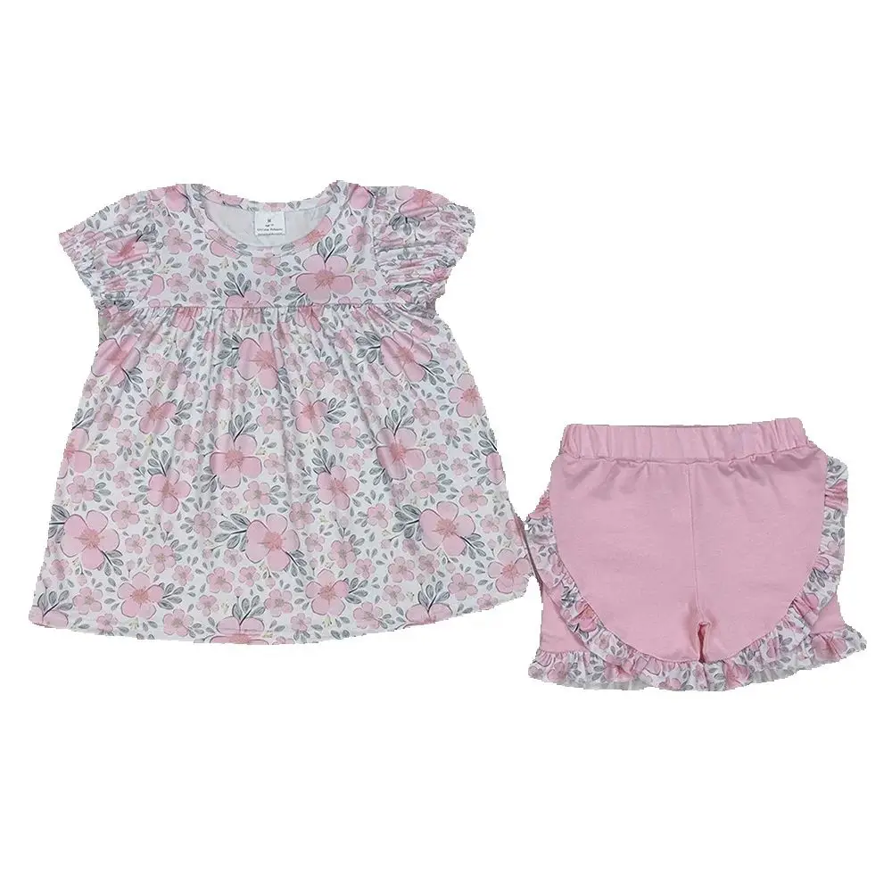 

GSSO2194 Baby Girls Pink Flowers Leaves Tunic Top Ruffle Shorts Clothes Sets