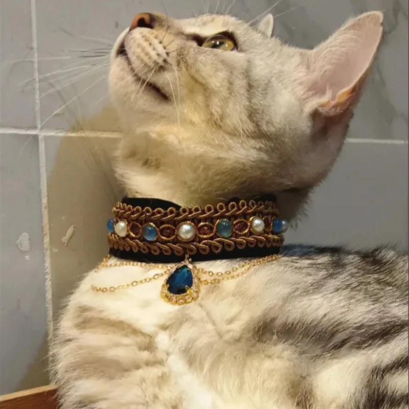 New Style Gemstone Cats Collar High Luxury Style Cat Collar Goodly Cat Accessories Pearl Necklace Pet Accessories