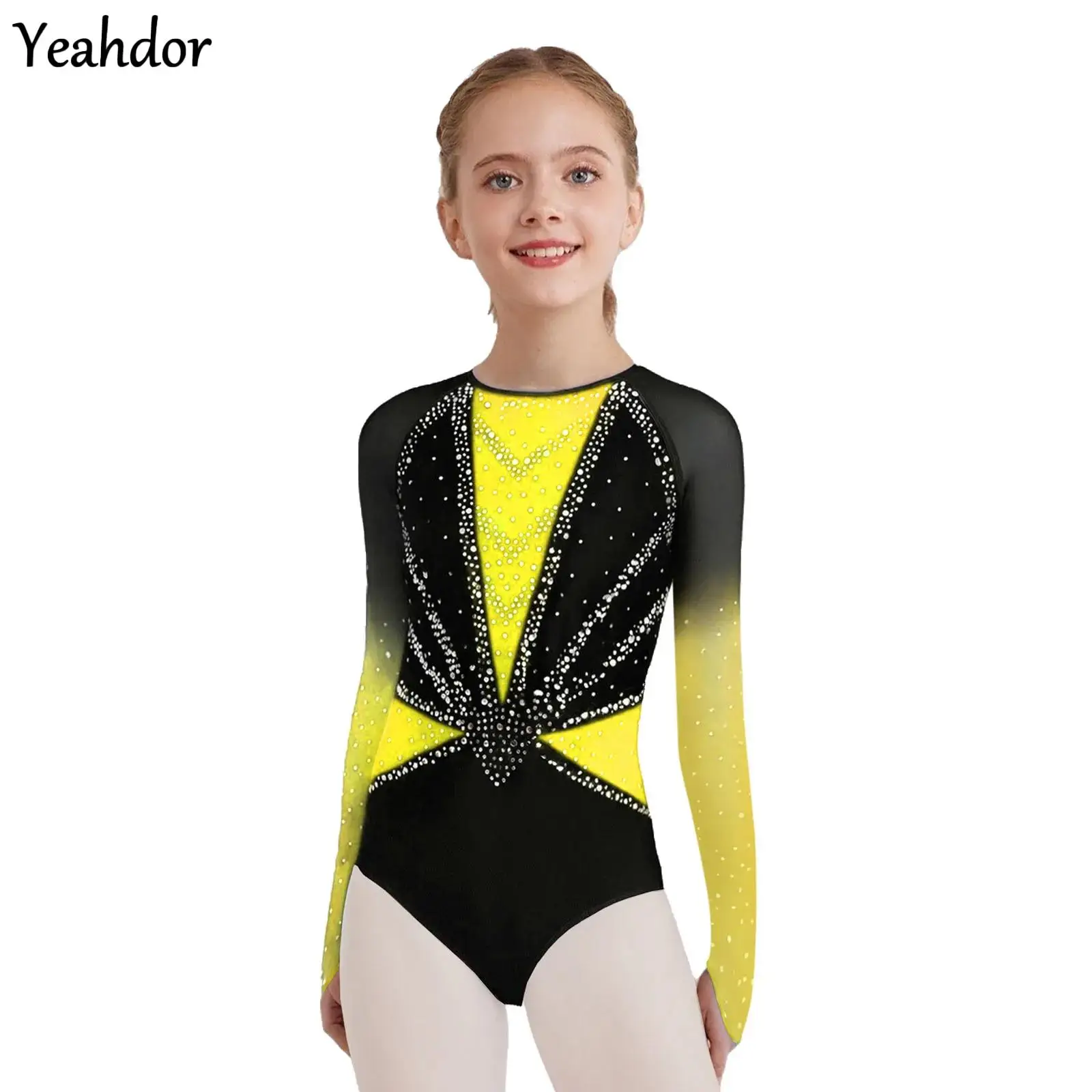 

Teen Girls Ballet Jersey Unitards Bodysuit Rhinestones Gymnastics Dance Leotard Long Sleeves Sheer Mesh Figure Skating Costumes