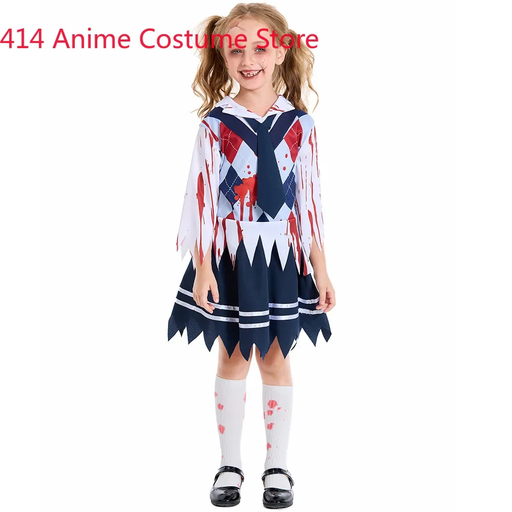 Halloween Scary Fancy Dress Bloody Zombie School Girl Costume for Child Kids Teens Top Skirt Set