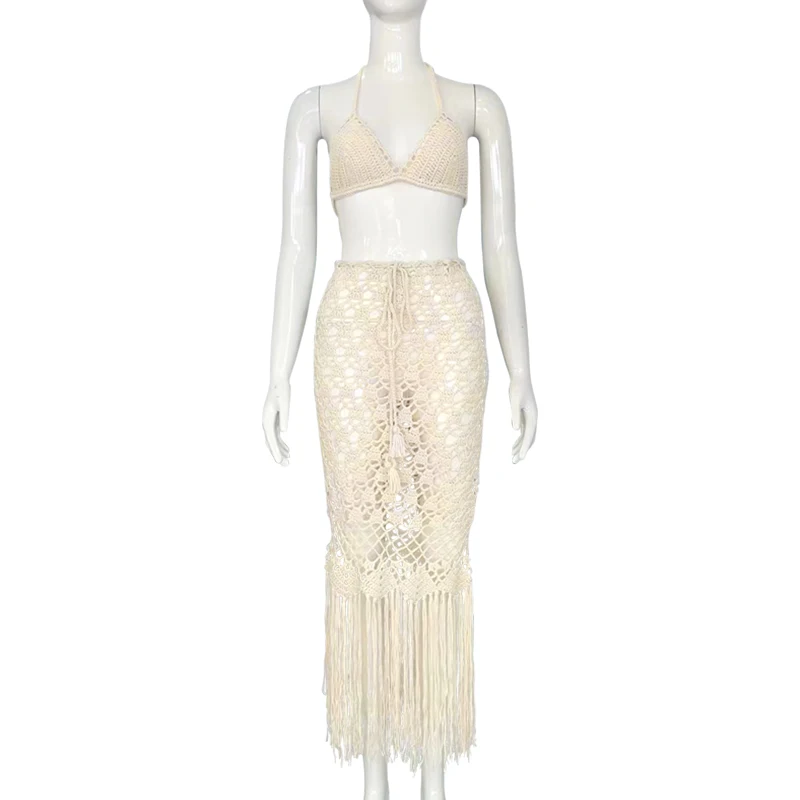 

Handmade Crochet bikini swimwear 2022 woman off-white color Long Dress With Bikini Hollow-out Dress with Tassels Hem Beachwear