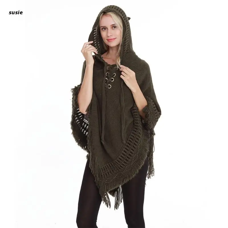 Women Winter Hoodies Shawl Wrap Knit Fringe Tassel Lace-Up Oversized Poncho Cape