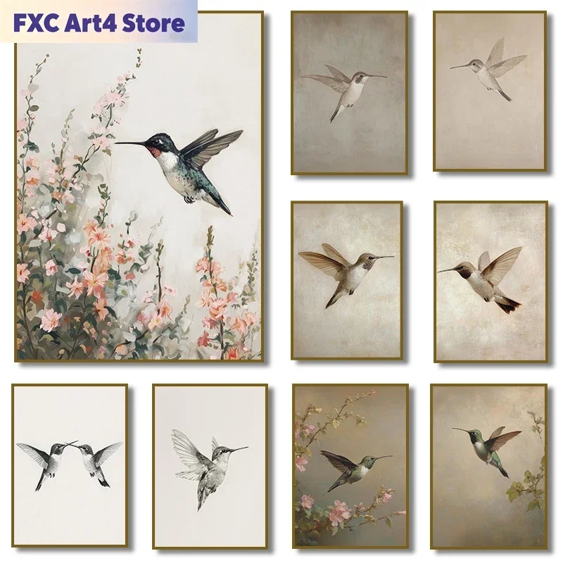 Póster de ilustración de pájaro colibrí vintage sin marco, dibujo de animal, pintura en lienzo, imágenes artísticas de pared, decoración del hogar
