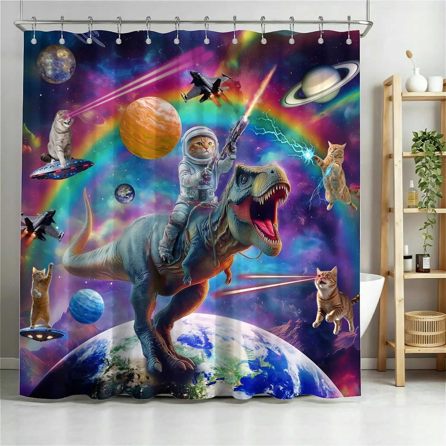 Cortina de Ducha con Diseño de Gato Espacial Montando un T-Rex, Gato Astronauta con Pistolas Láser en un Estampado de Galaxia, Cortina de Baño de Tela Impermeable